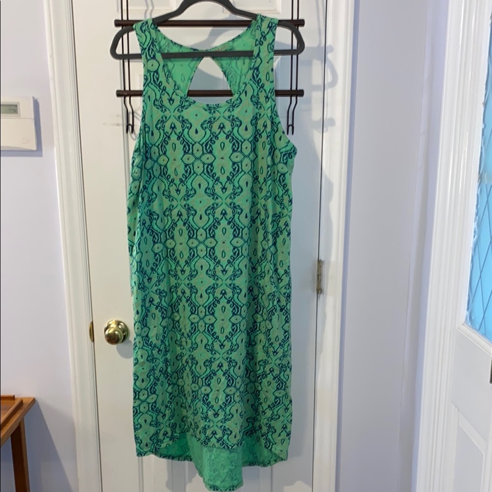 Fresh Produce hi-low dress, green and blue, halter back, midi, pockets, EUC